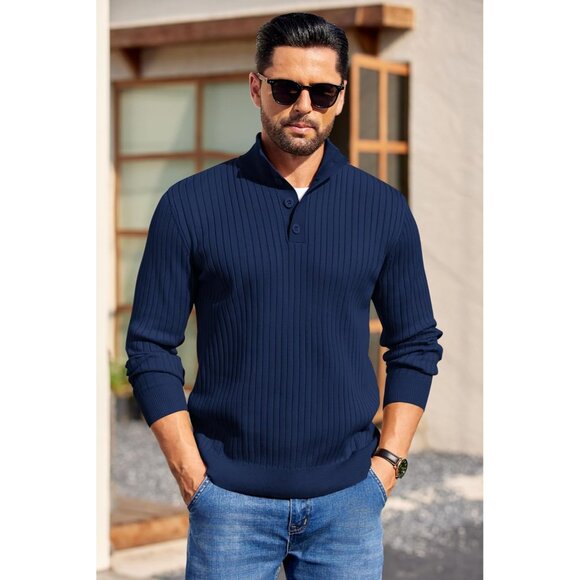 Men's Quarter Button Sweater Long Sleeve Stand Collar Sweater Knitted Navy Blue - Picture 2 of 5